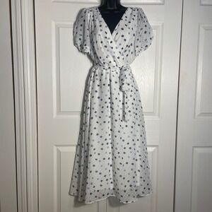 DKNY Dress Women 14 White Blue Polka Dot Faux Wrap Midi Short Sleeve Whimsical
